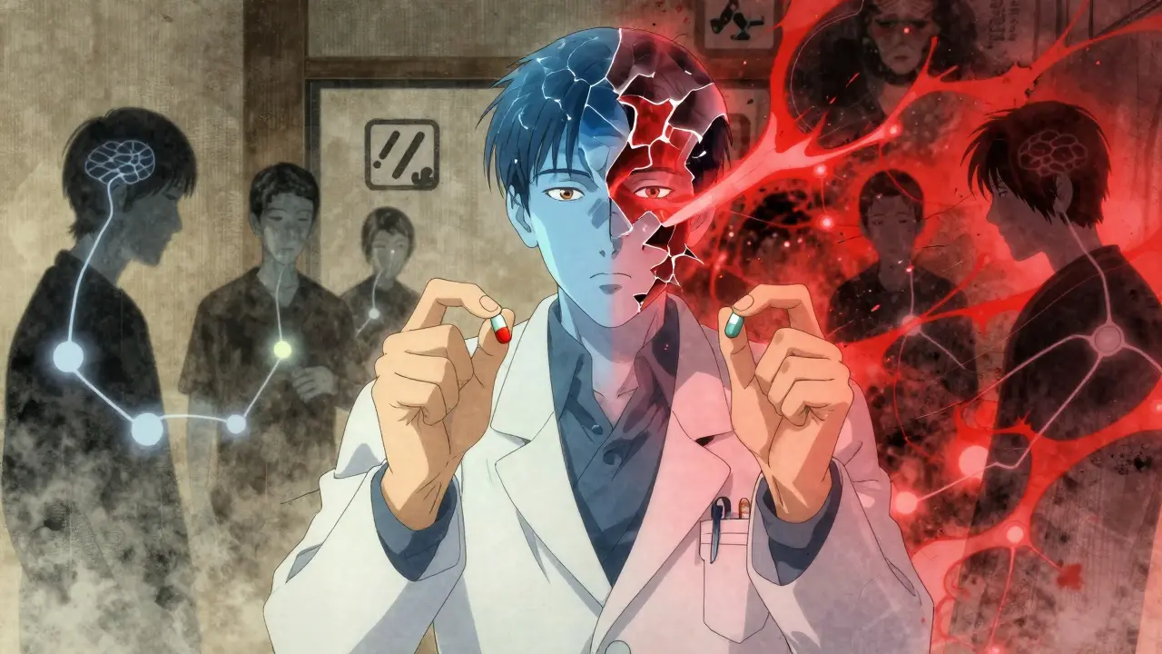 Doctor holding brand and generic pills as a fractured mental landscape shifts between calm and chaos.