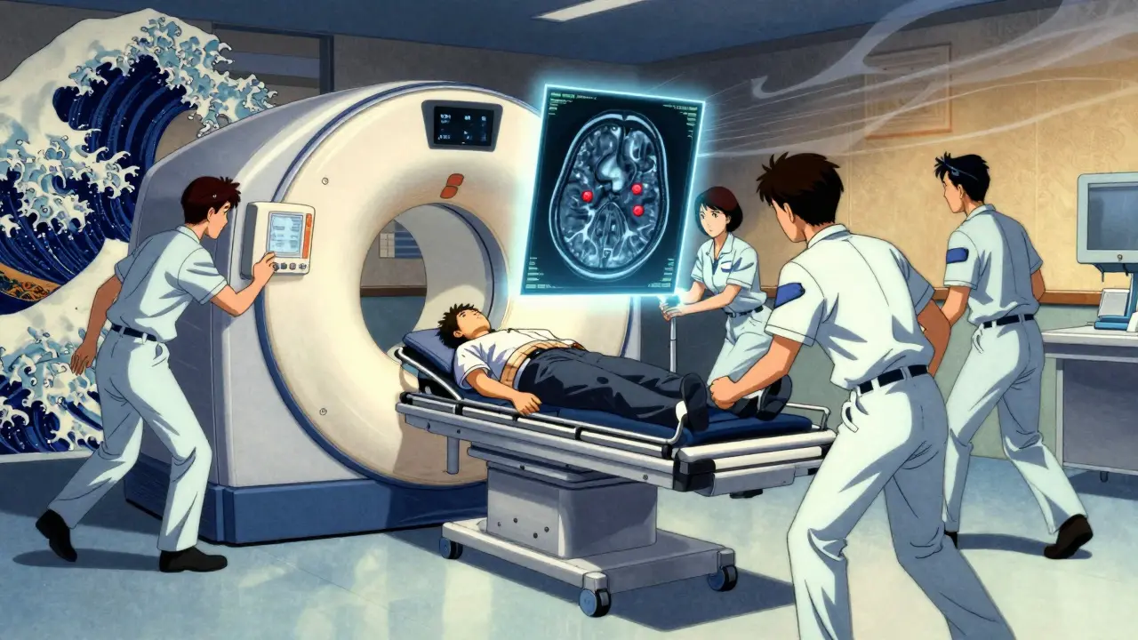 Emergency team rushing a patient toward an MRI with a glowing brain scan showing tiny injuries.