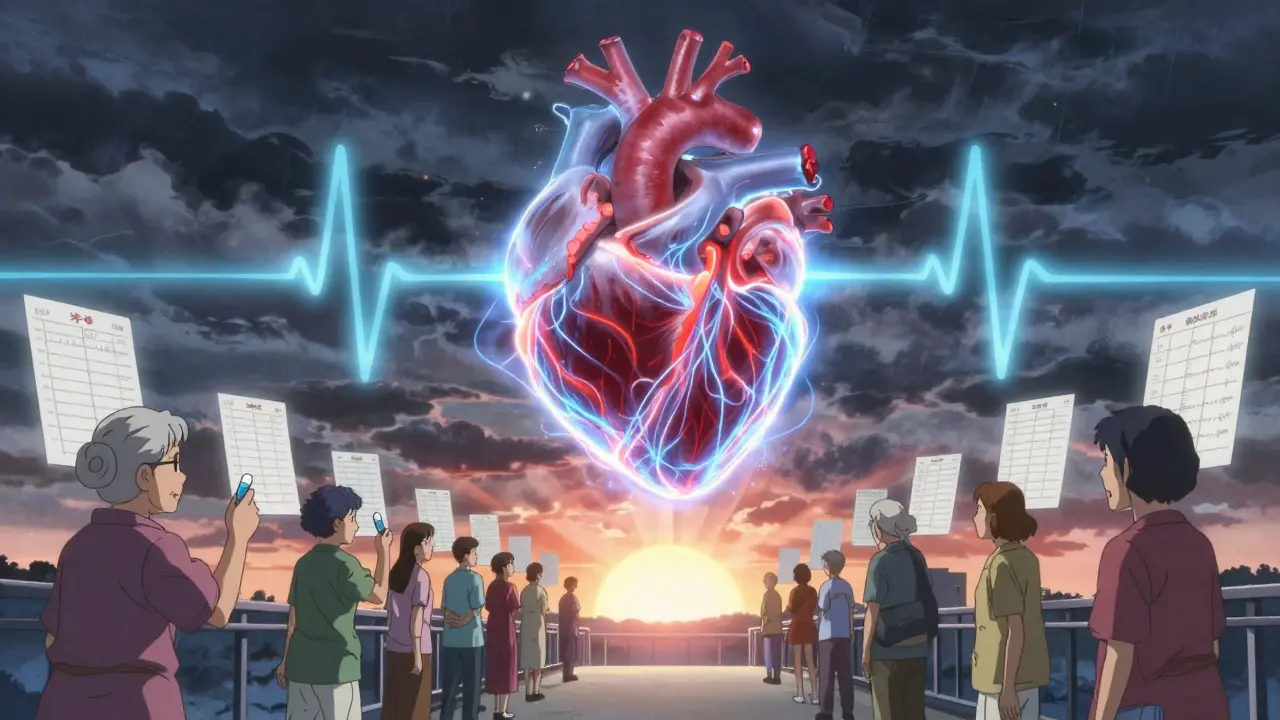 Ethereal heart in stormy sky twisting violently, patients holding checklists and magnesium tablets below.