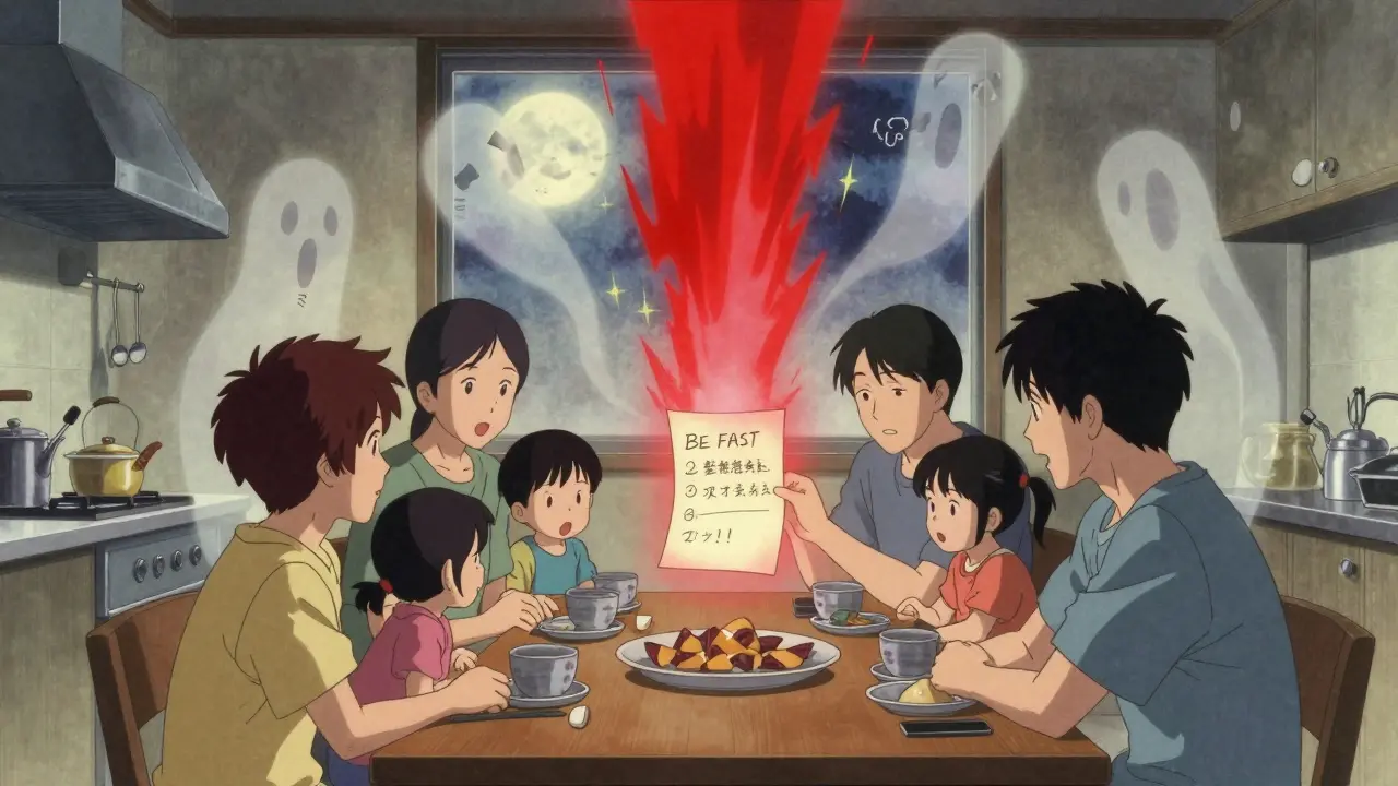 Family at table with handwritten BE FAST checklist, red alarm pulses as ghostly symptom memories float nearby.