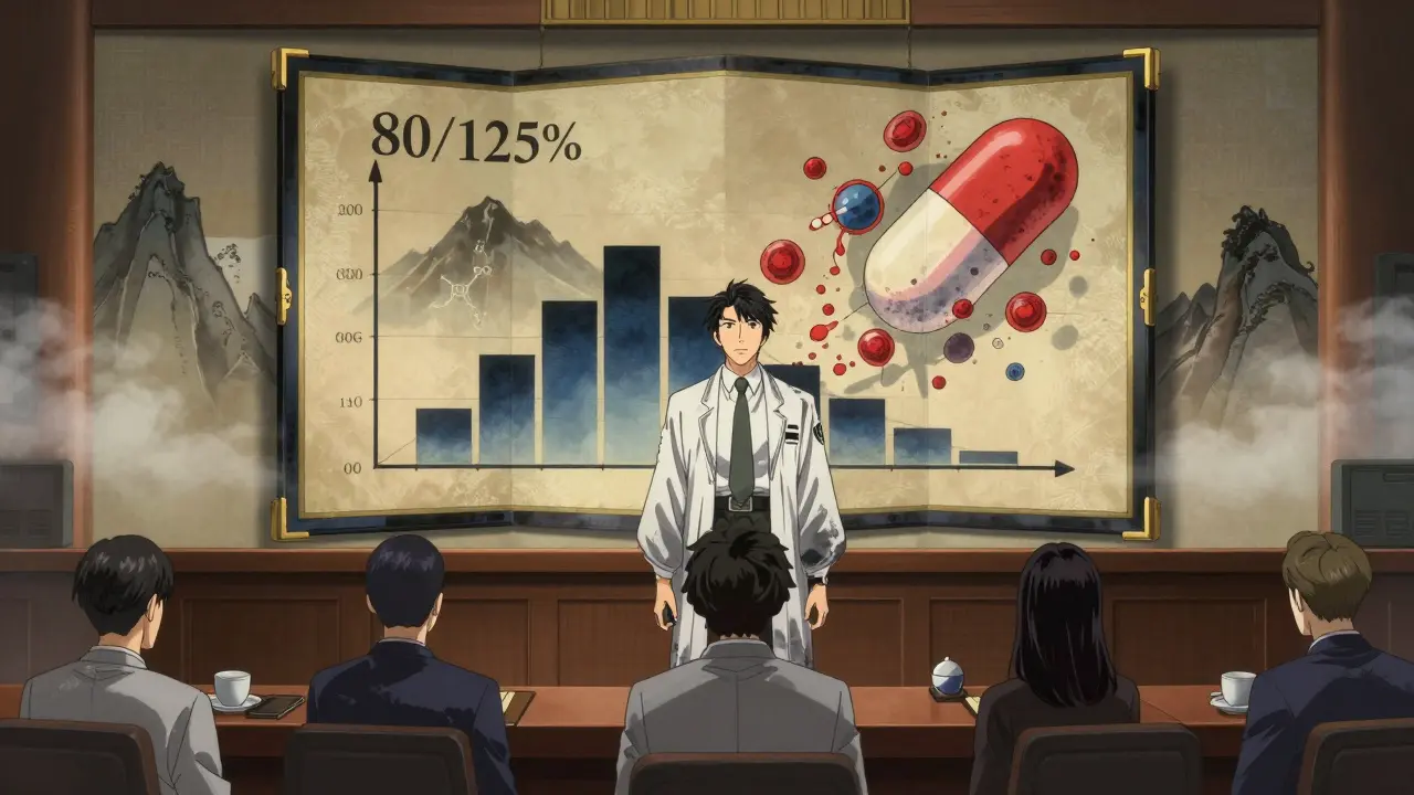 FDA inspector reviewing a floating 80/125% confidence interval screen with pill molecules