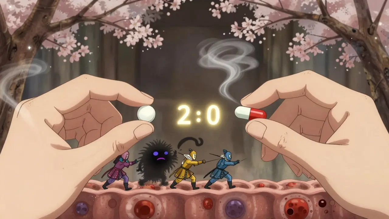 Hands holding antibiotic and probiotic pills with microbial warriors battling C. diff in a gut battlefield.