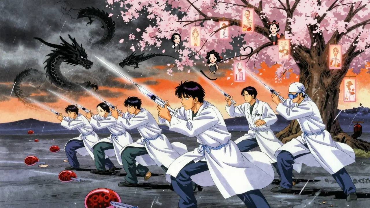 Medical heroes fight arterial plaques as a cascade of family diagnoses lights up like cherry blossoms.