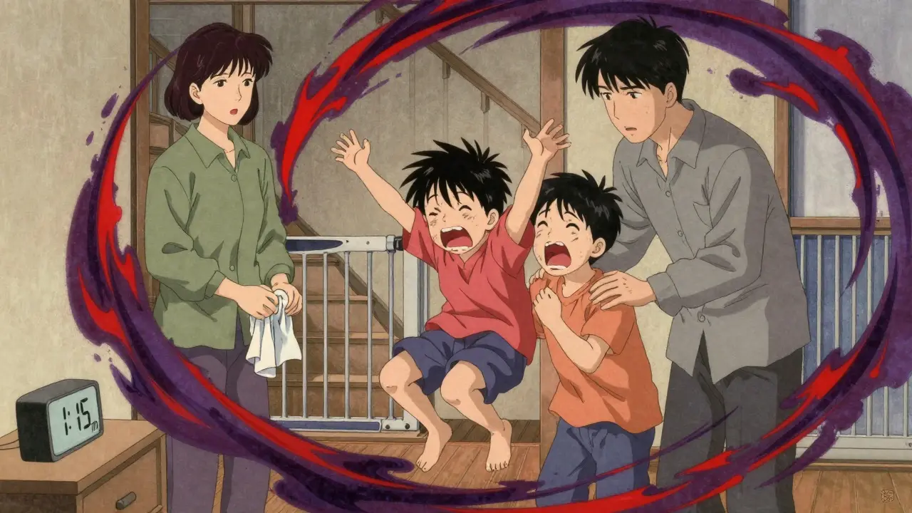 Parents gently guide a screaming teen during a night terror, with a baby gate blocking the stairs in the background.