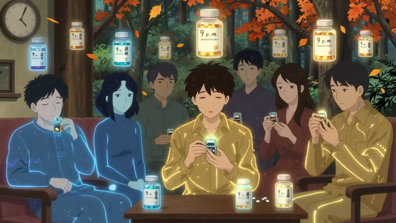 People using glowing pill dispensers with circadian rhythms outlined, surrounded by clock-shaped falling leaves.