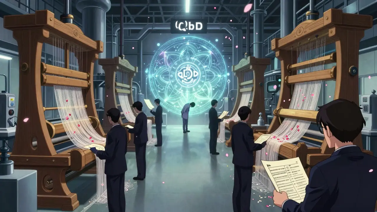 Pharmaceutical factory as a spiritual landscape with weaving machines and a glowing QbD mandala under cherry petals.