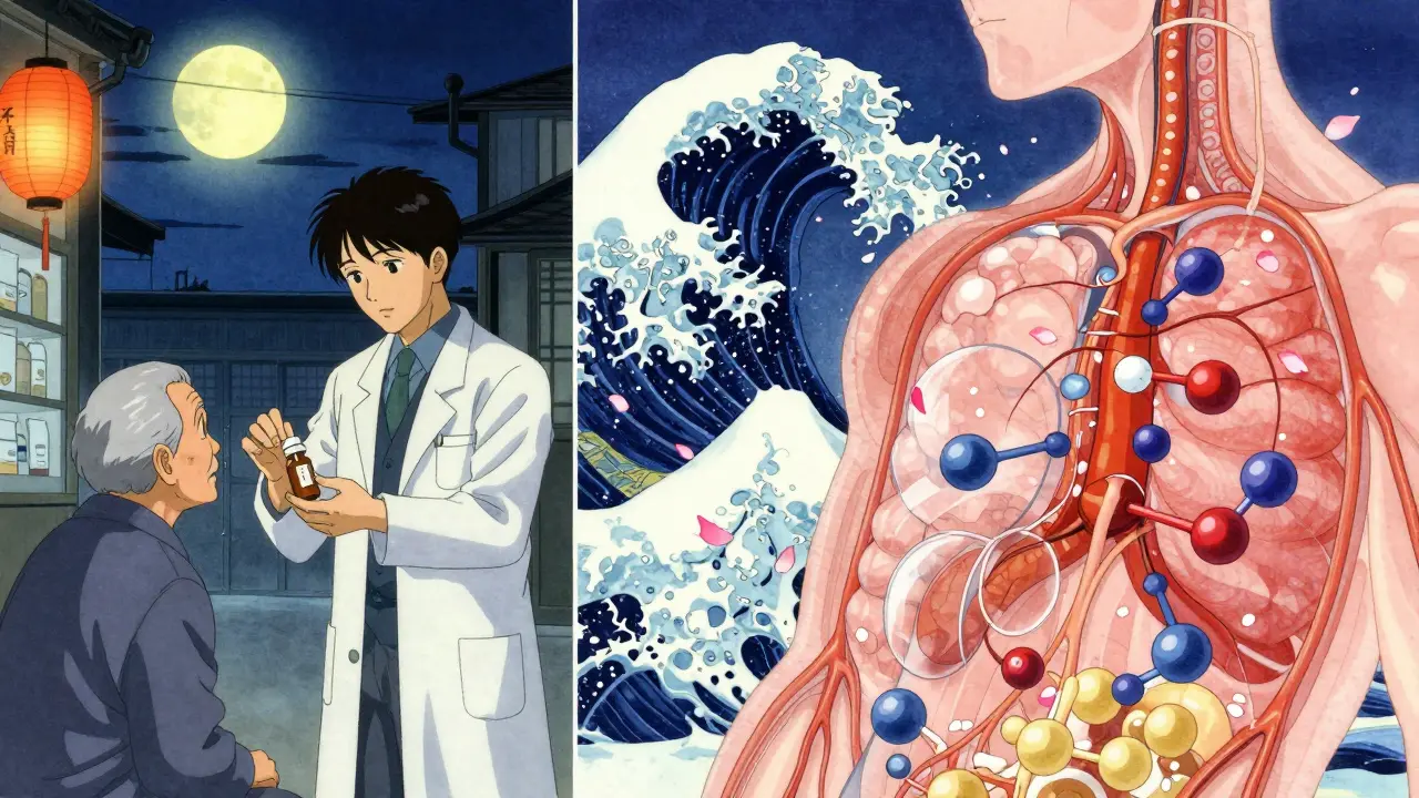 Pharmacist giving a pill to patient while drug molecule journey visualizes inside the body