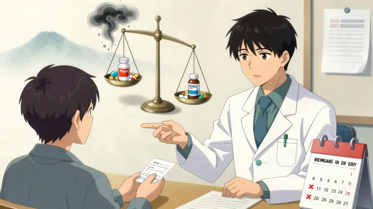 Pharmacist handing prescription as spectral scale tilts dangerously, storm clouds forming over generic pill.