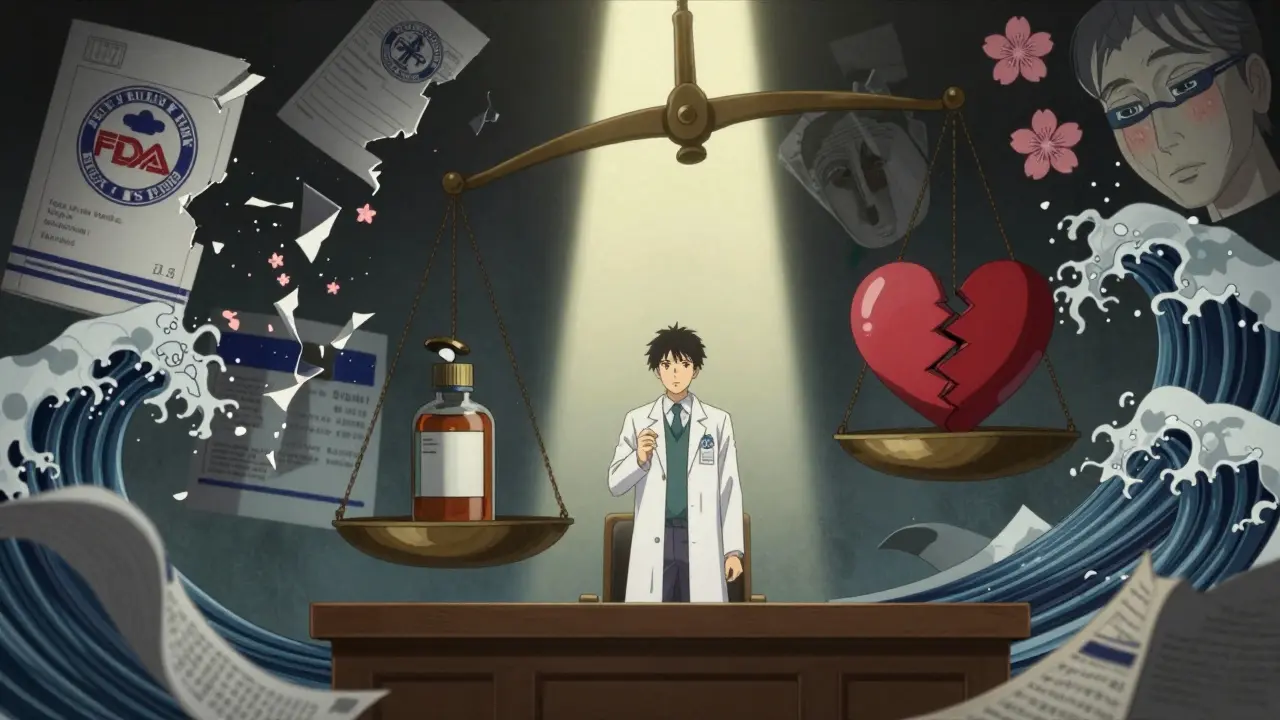 Pharmacist in courtroom surrounded by crumbling legal symbols and a tilted scale.