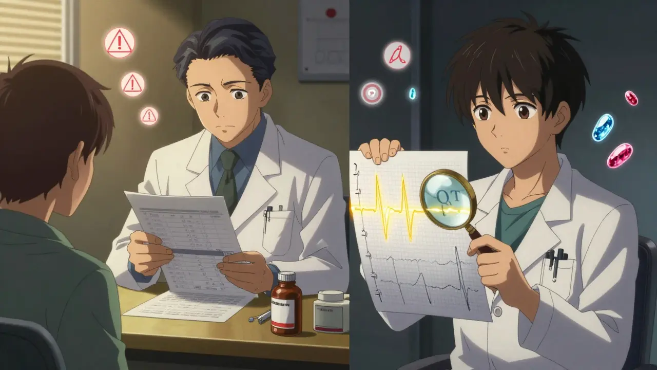 Pharmacist reviewing medications with warning icons, doctor examining ECG with golden light on QT interval.