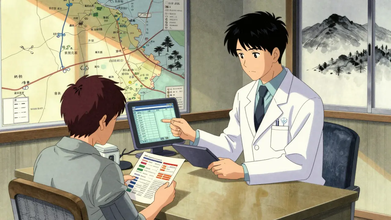 Pharmacist updating a patient's electronic health record after adjusting a blood pressure prescription.