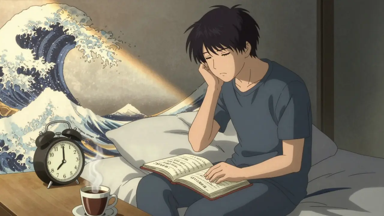 Someone sits upright at 6 a.m., holding a sleep diary, alarm ringing, determined face lit by morning sun.