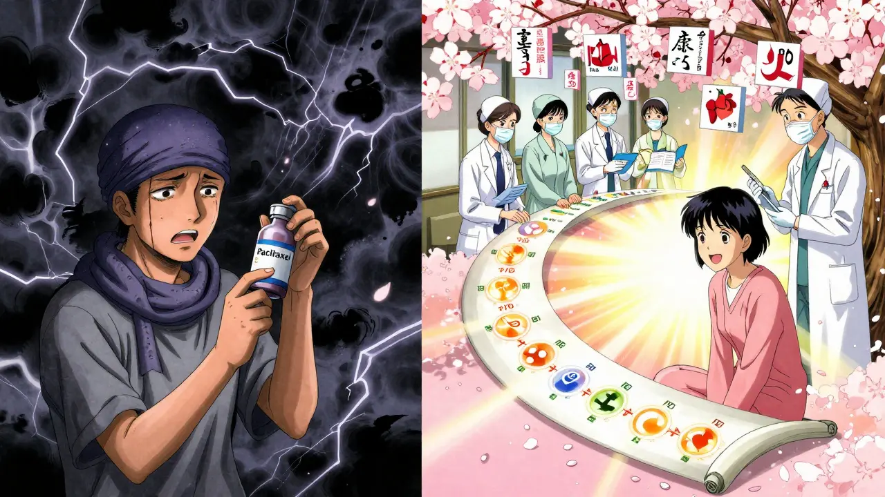 Split scene: cancer patient terrified by allergic clouds vs. same patient calm amid sakura petals and glowing dosage scroll.