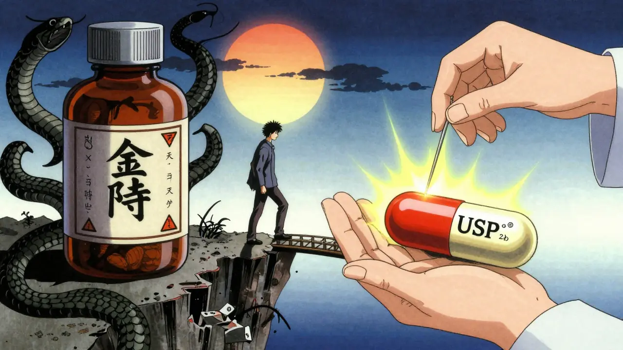 Split scene: dangerous herbs vs. safe evidence-based treatments, patient choosing science over misinformation.