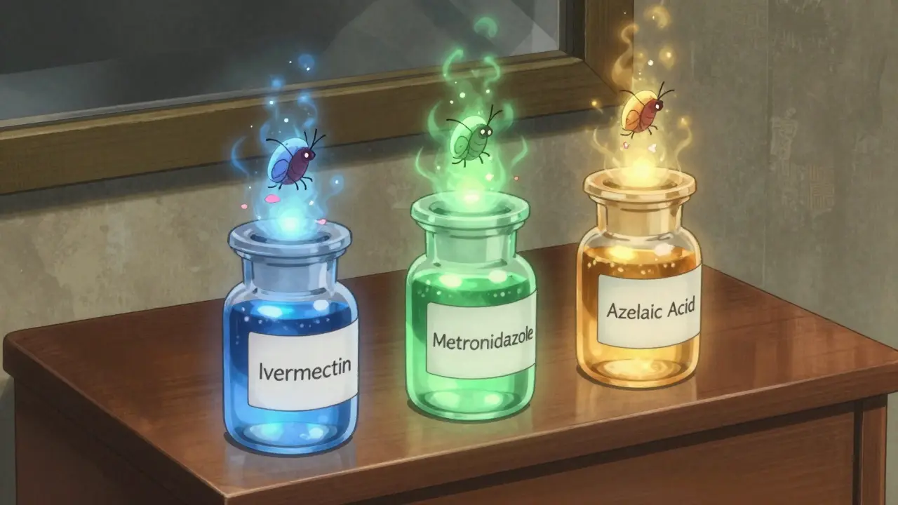 Three topical rosacea treatments glowing with symbolic energy, tiny mites being purified by light.