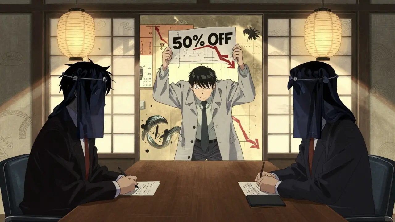 Two shadowy executives in a boardroom as a third manufacturer breaks in with a dramatic price drop.