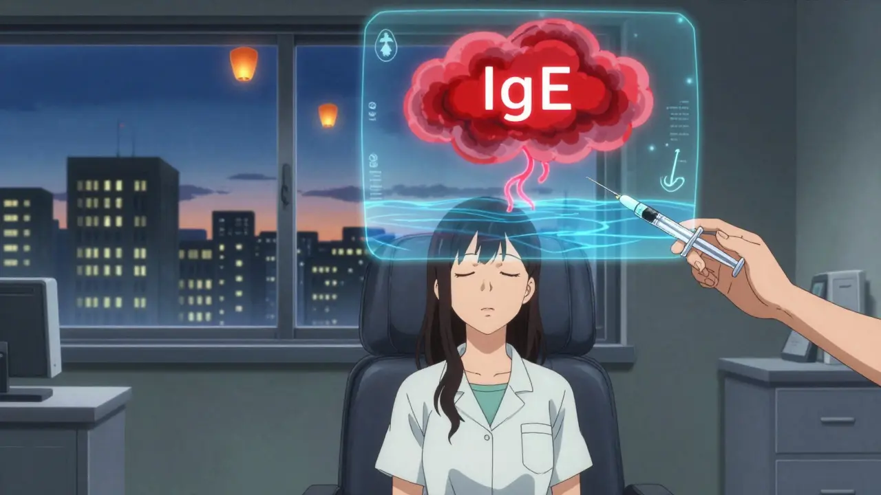 Woman in clinic with holographic immune system calming from storm to river, holographic syringe brushstroke above her.