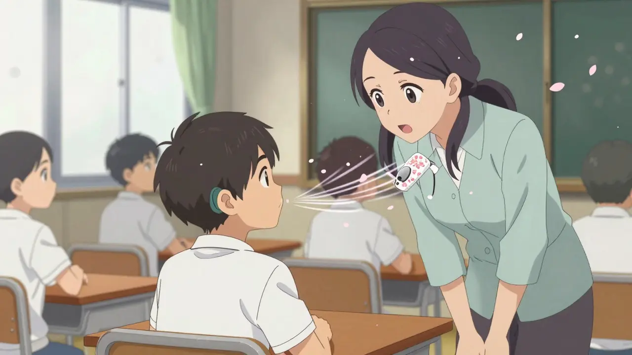 A child in a classroom hears the teacher clearly as golden sound lines flow from a blossom-decorated mic to their hearing aid.