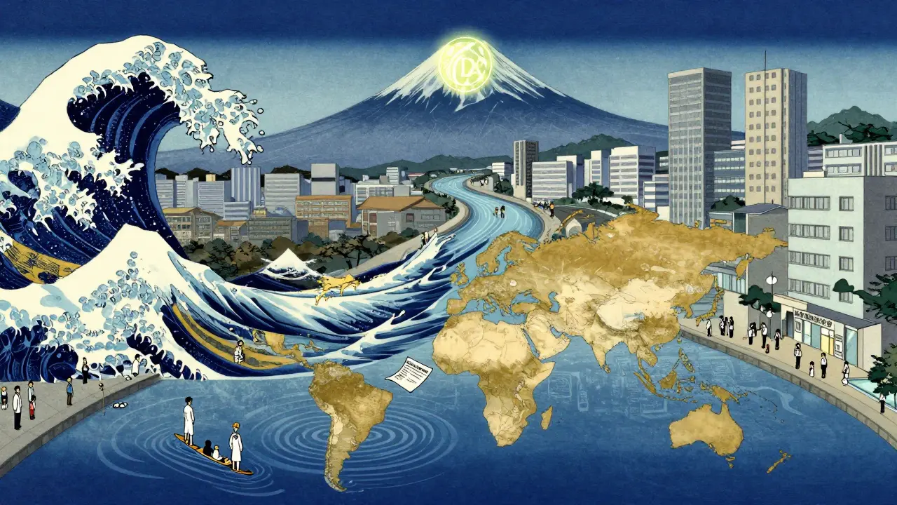 A digital river of drug recalls flows through a city, with figures reporting side effects as Mount Fuji watches in the distance.