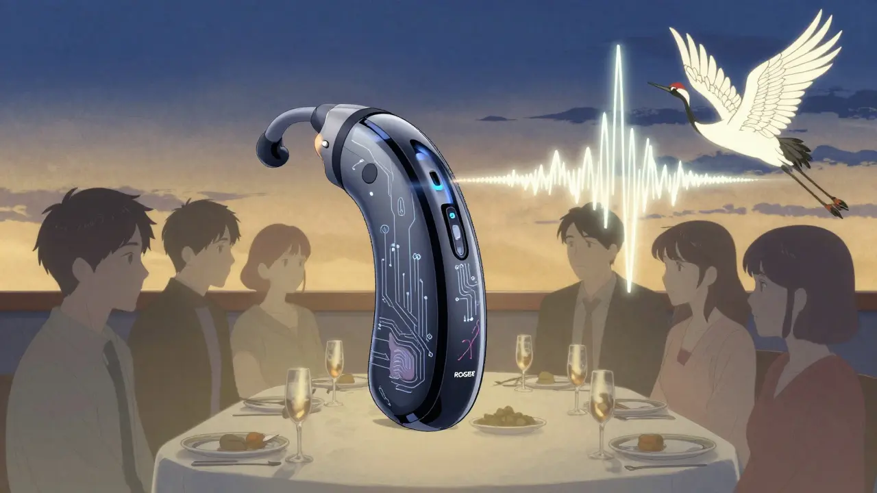 A futuristic hearing aid uses AI to isolate one voice amid blurred conversations, with a crane-like speech waveform rising in twilight.