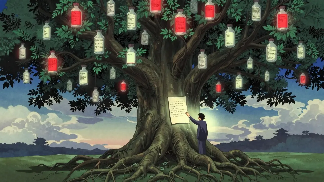 A giant tree with drug bottle branches and report leaves, one patient adding their report to its trunk.