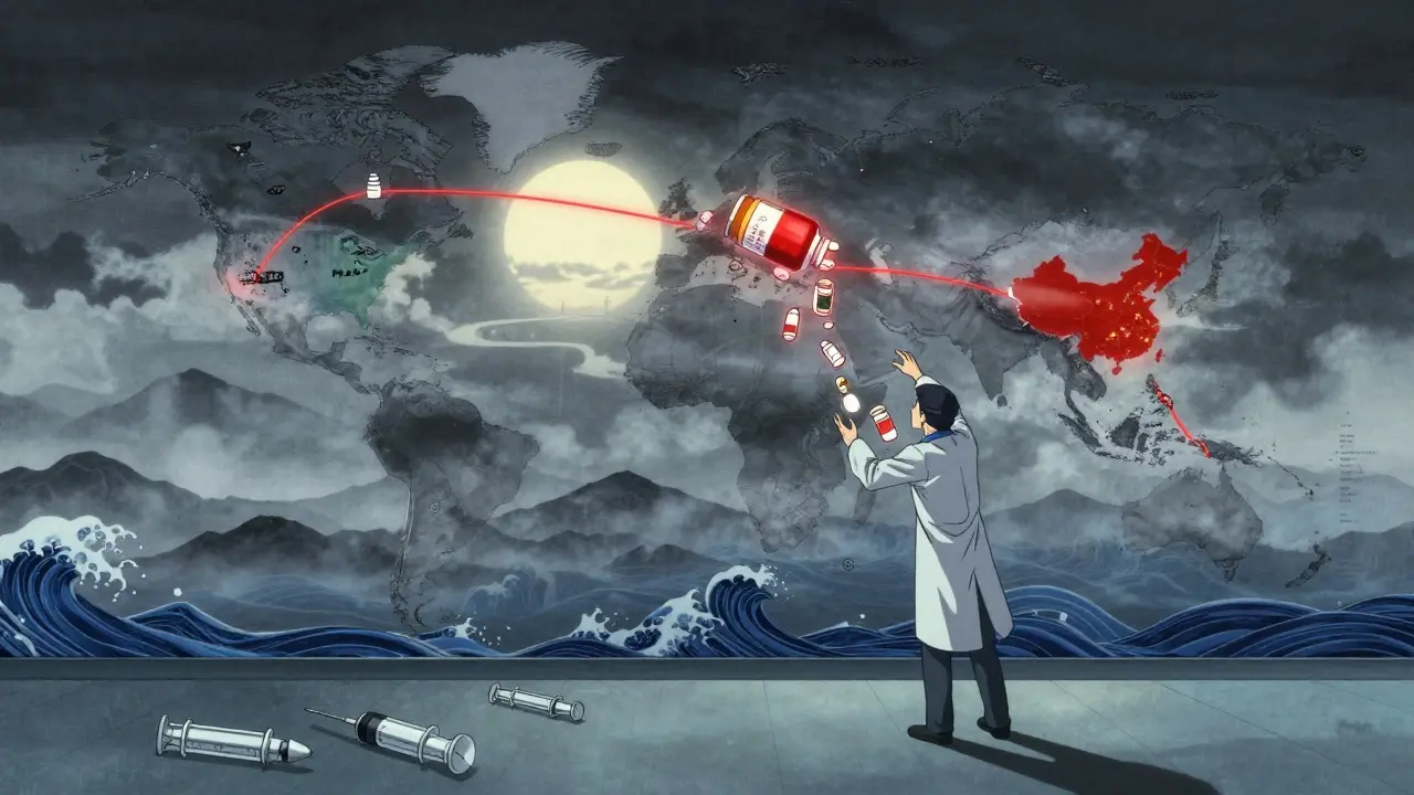 A glowing global supply chain with broken threads causing pill bottles to fall, technicians trying to repair it.