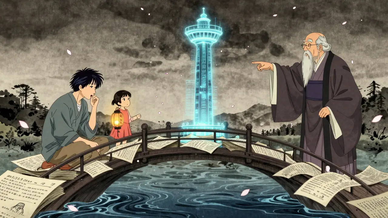 A patient and scholar on opposite sides of a bridge made of medical reports, with Sentinel Initiative tower glowing in the distance.