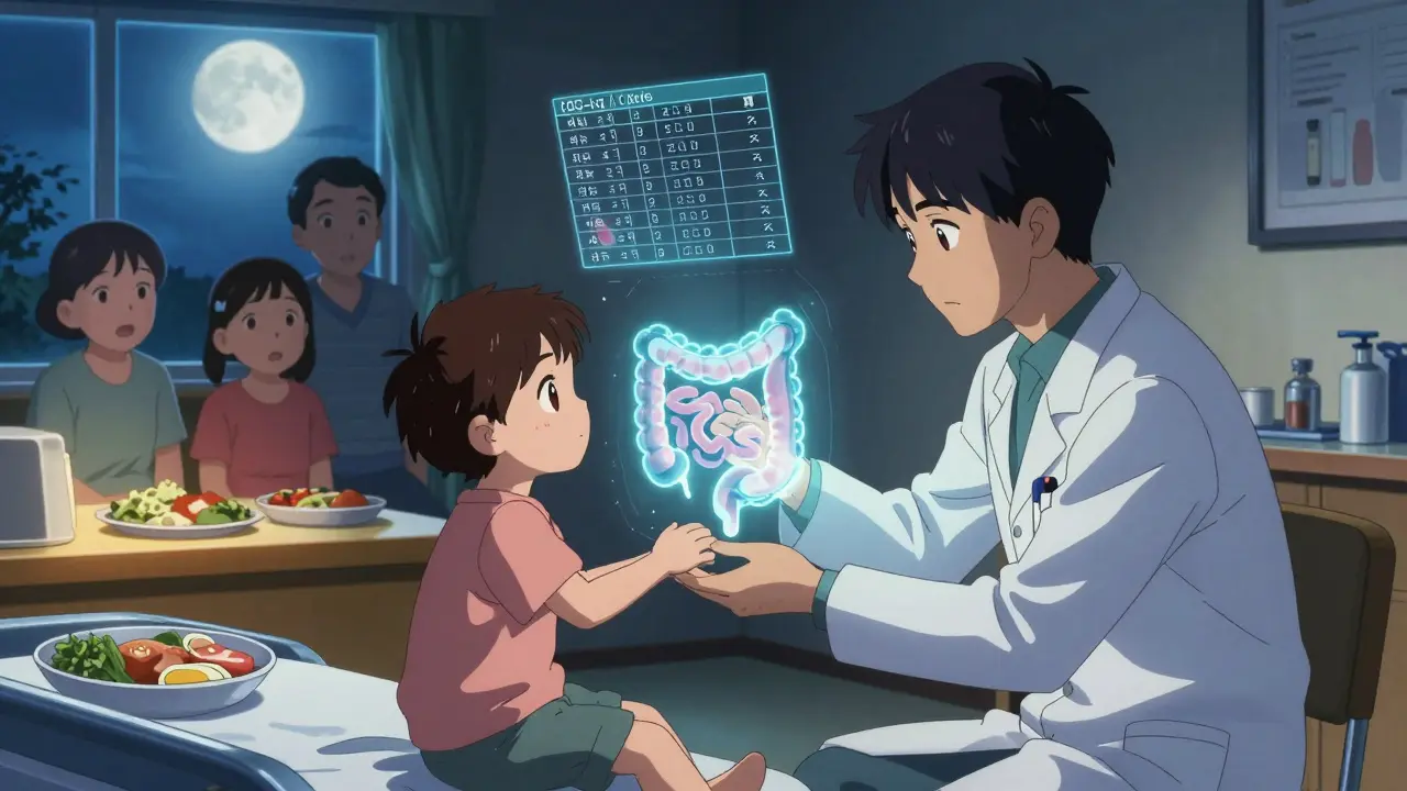 A pediatrician examining a holographic intestine with blood test results glowing in the air.
