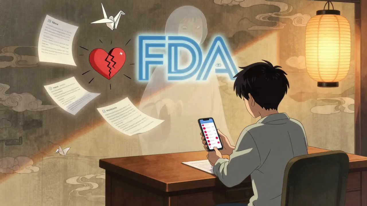 A person checks a MedWatch alert on their phone as ghostly patient reports swirl like paper cranes around them.