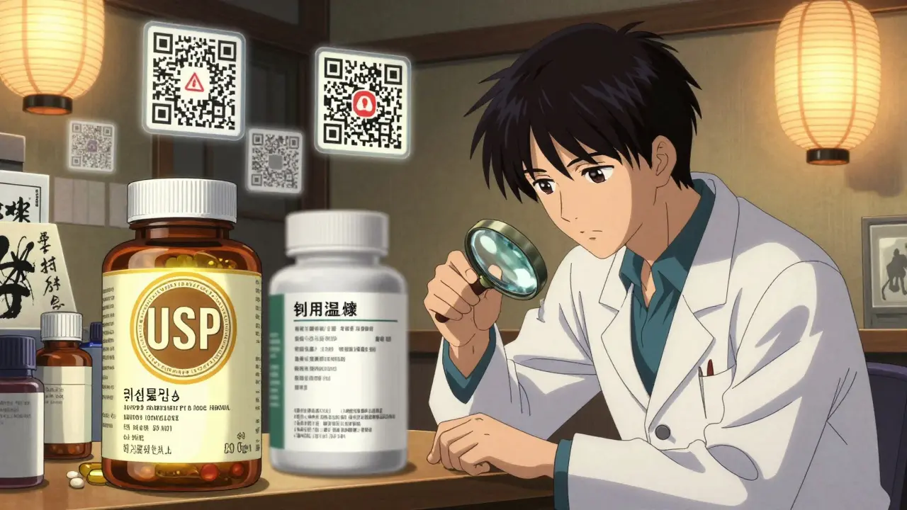 A pharmacist examining a supplement label under magnification, with glowing USP seal and hidden proprietary blends.