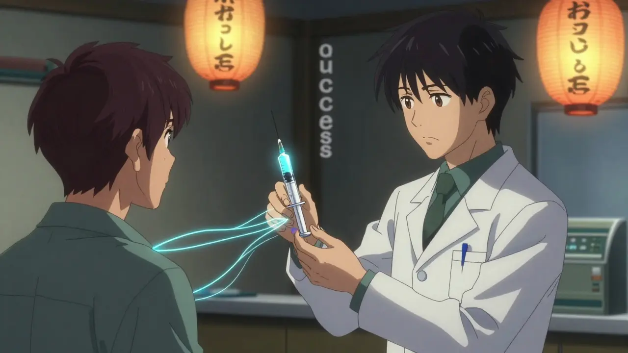 A pharmacist handing a prefilled syringe to a patient under lantern light, with floating kanji symbols of equivalence.