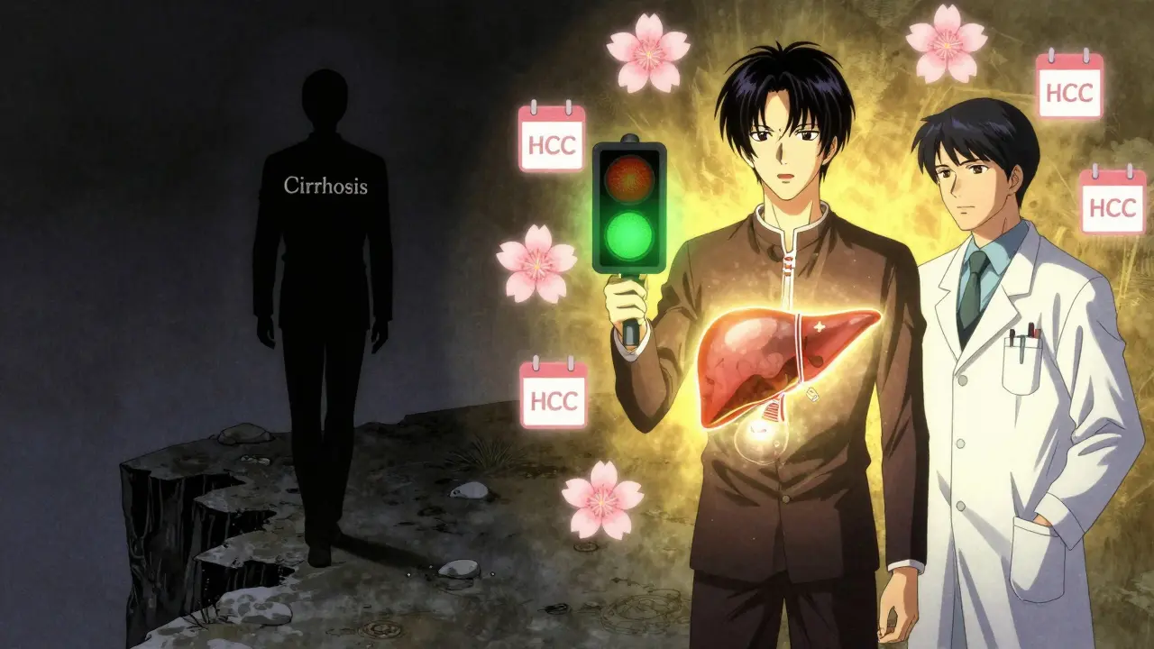 A split scene showing the consequences of ignoring cirrhosis versus the hope of early HCC detection with a glowing LI-RADS traffic light.