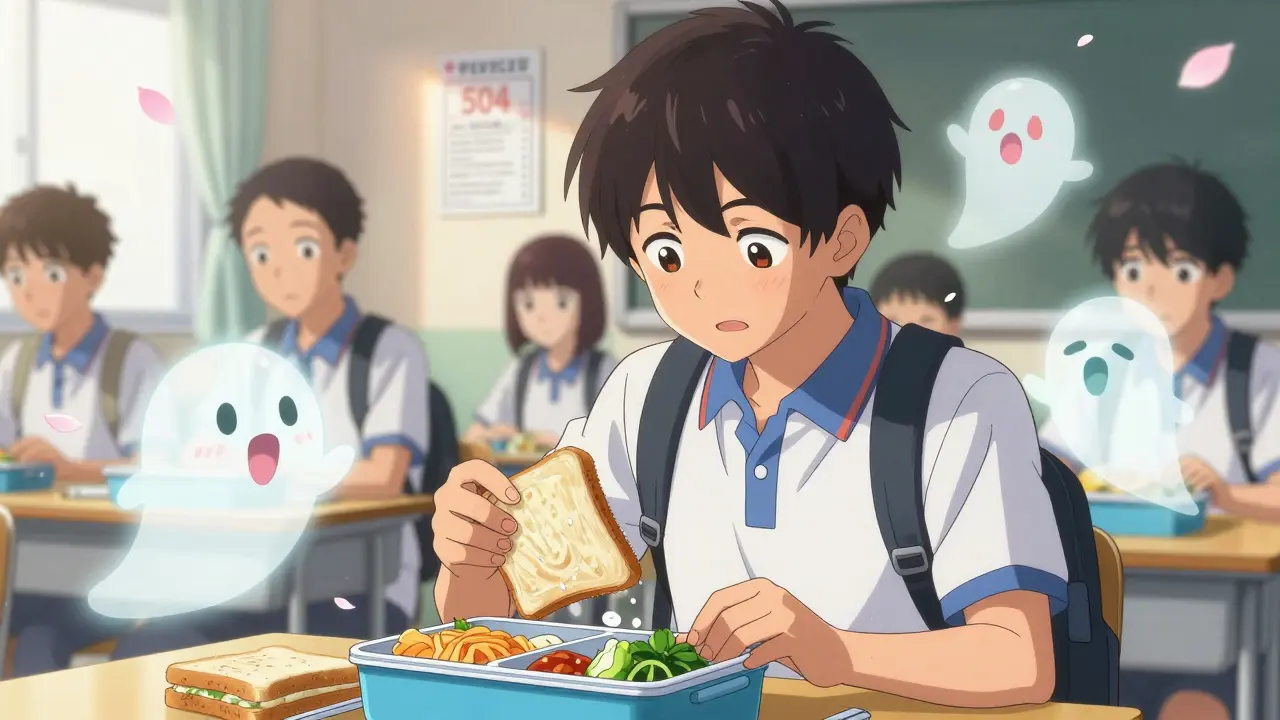 A teen eating gluten-free lunch at school as ghostly gluten particles drift nearby.