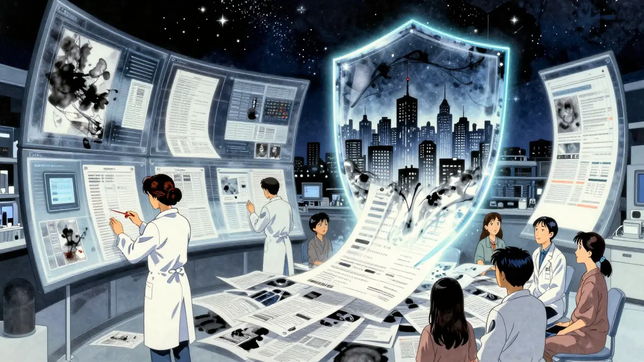 AI analyzing reports as ink paintings, one glowing report forming a shield over a city at night.