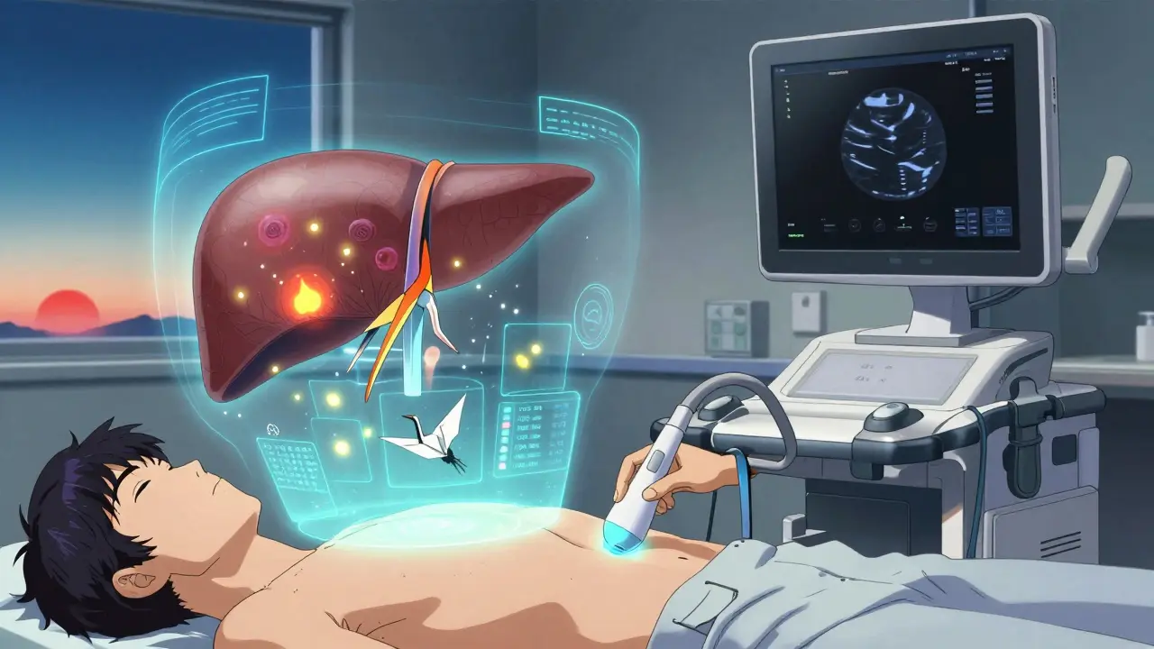 An AI-powered ultrasound room where holographic liver layers and glowing tumors are detected, with flowing kanji algorithms in the background.