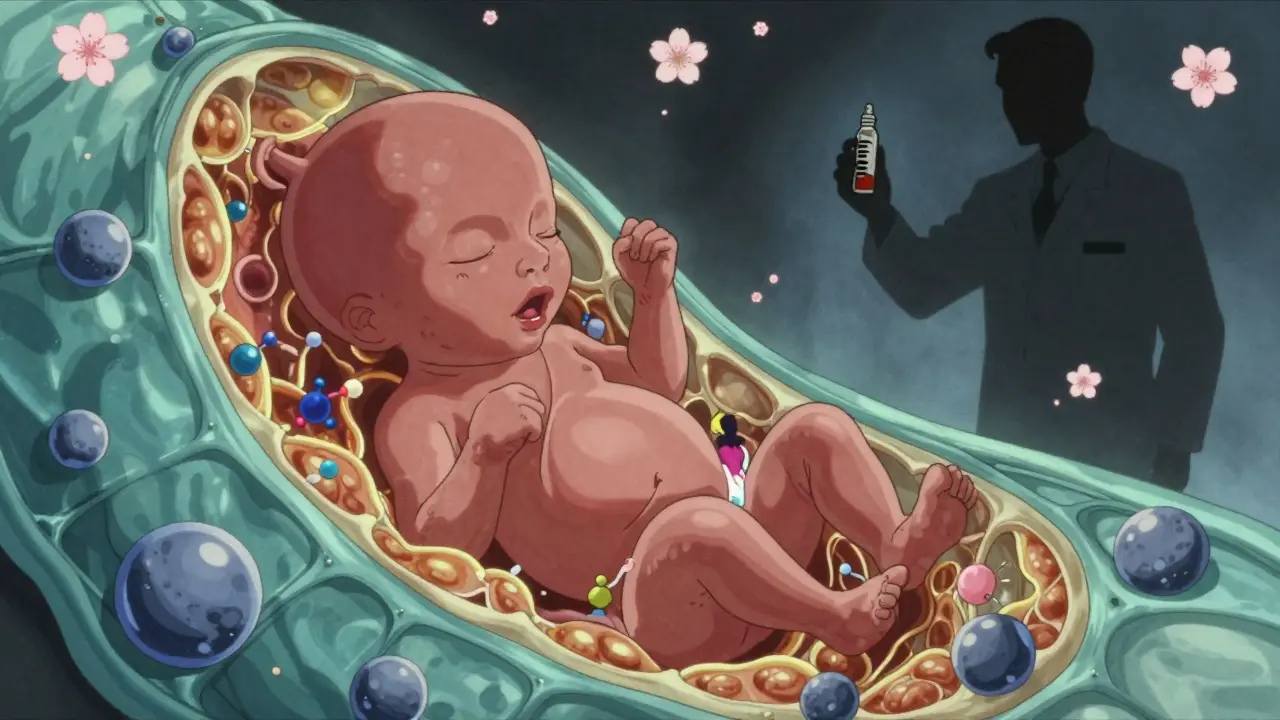 Close-up of a living placenta with molecular figures crossing membranes, thalidomide shadow in background, ukiyo-e anime style.