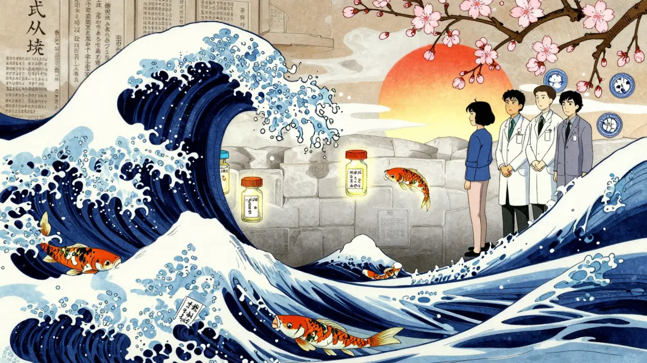 Generic antibiotic vials rising like koi fish from a wave of branded bottles, breaking through outdated legal barriers.