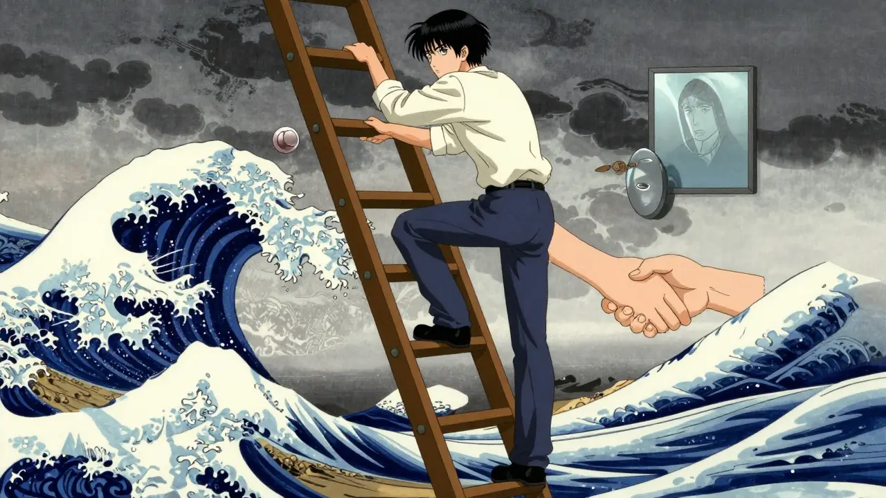 Person climbing ukiyo-e ladder with symbolic exposures in stormy landscape