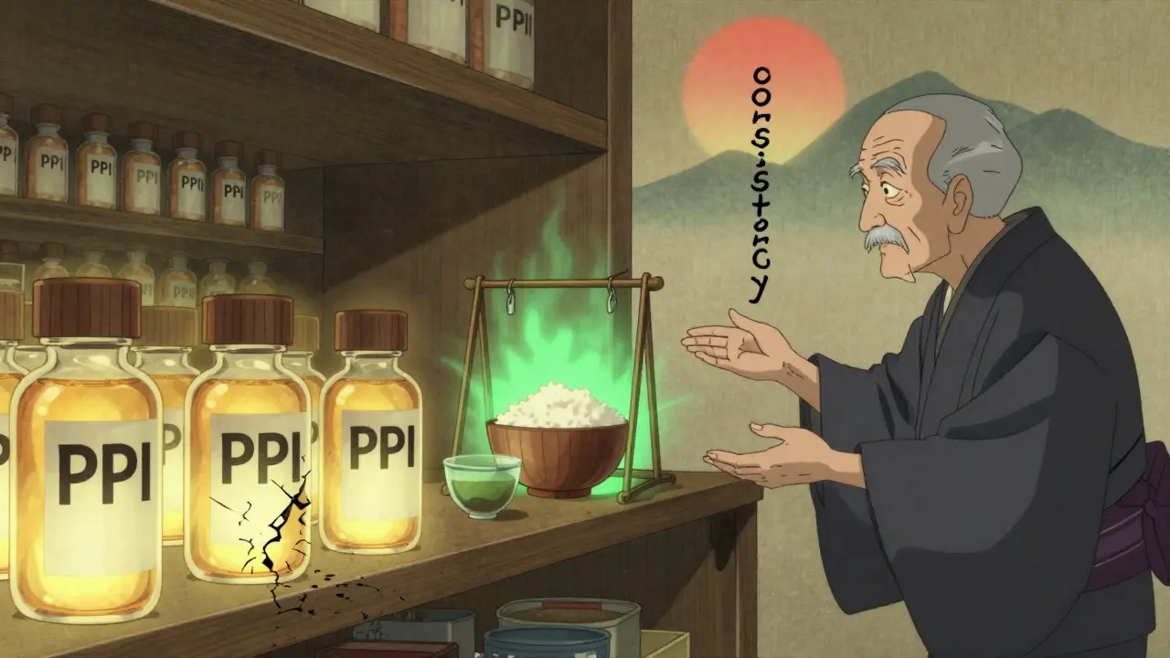 PPI bottles glowing beside lifestyle items like tea and raised bed, wise figure gestures toward healing, kanji for consistency above.