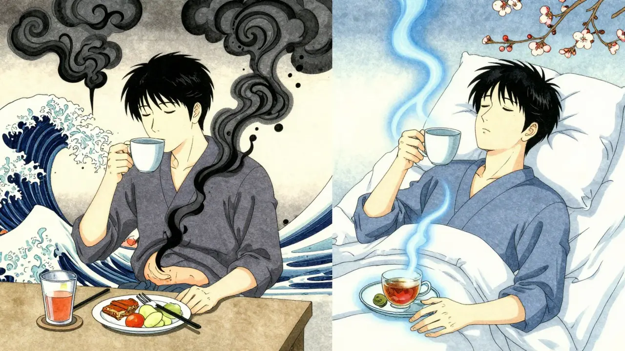 Split scene: left shows acid rising after late-night eating, right shows calm energy with healthy habits, ukiyo-e waves in background.