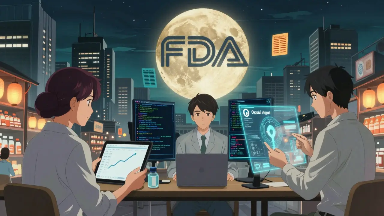 Three users interacting with FAERS data in a futuristic Tokyo skyline under a moon shaped like the FDA logo.