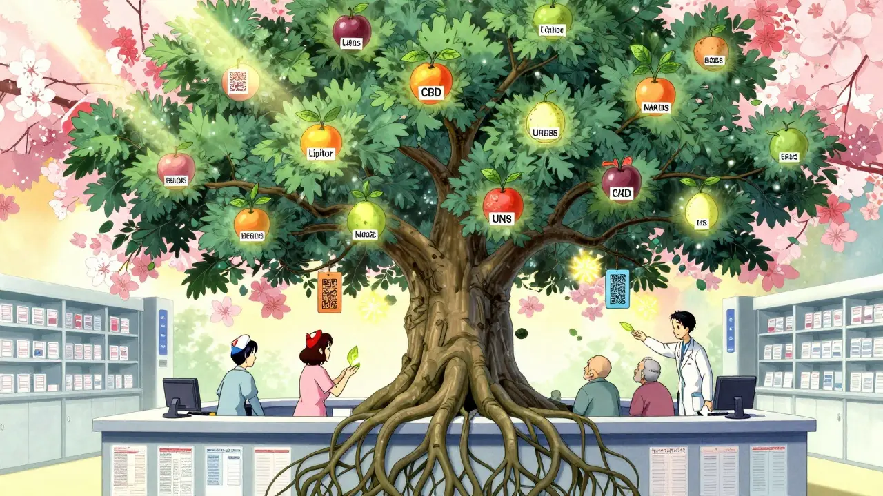 A digital tree grows from a pharmacy counter, fed by patient reports, with drug names as glowing fruit.