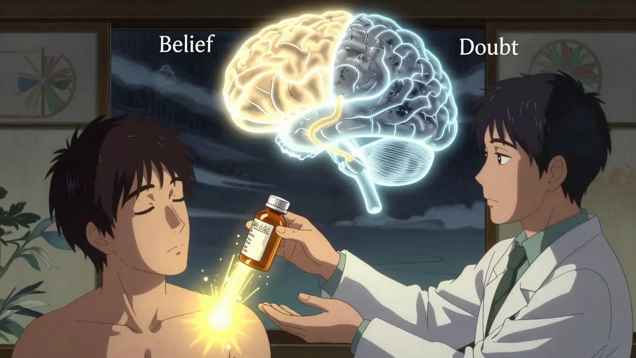 A doctor giving a patient a generic pill as a glowing brain shows pathways of belief versus doubt, with a calming Japanese screen behind.