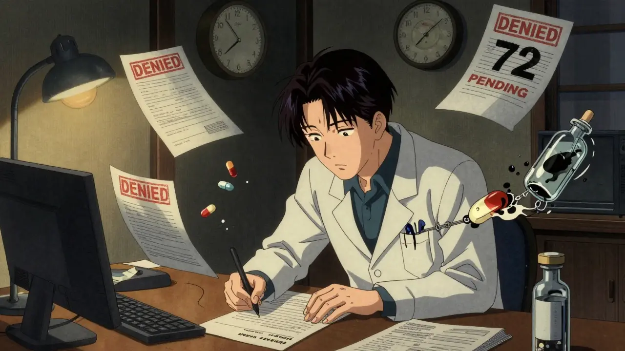 A doctor writing an appeal letter amid stacked denied forms and a ticking clock.