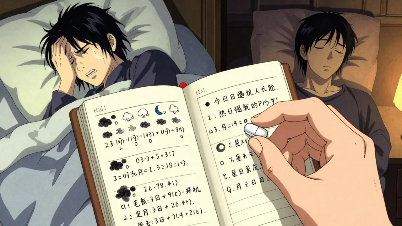 A hand holding a pill beside an open migraine diary, with contrasting scenes of pain and calm in the background.