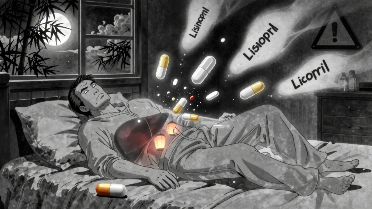 A man collapsing as his liver enzymes dim, ghostly pills shattering above him, a goldenseal capsule rolling on the floor.