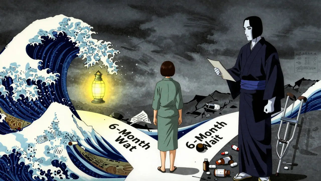 A patient at a crossroads between stable treatment and a long wait under an insurer's shadow.