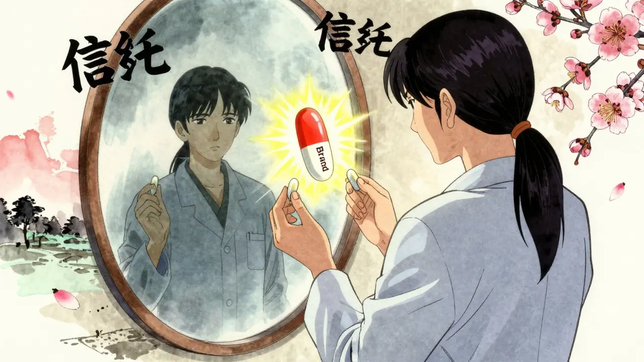 A patient holding generic and brand pills, seeing their reflection transform the generic into a glowing version, surrounded by floating kanji and plum blossoms.