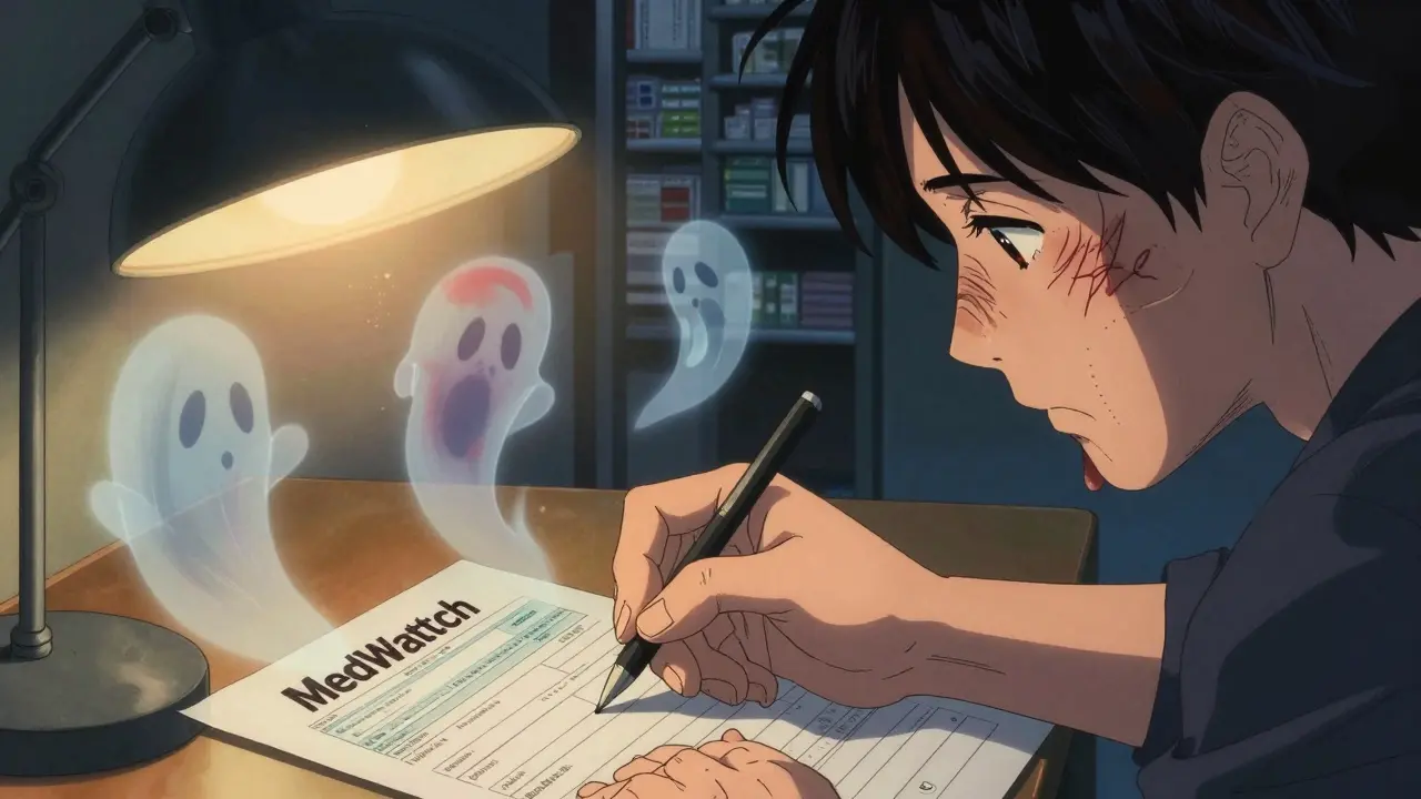 A patient writes a MedWatch report while floating symptoms appear around them like ink brushstrokes.