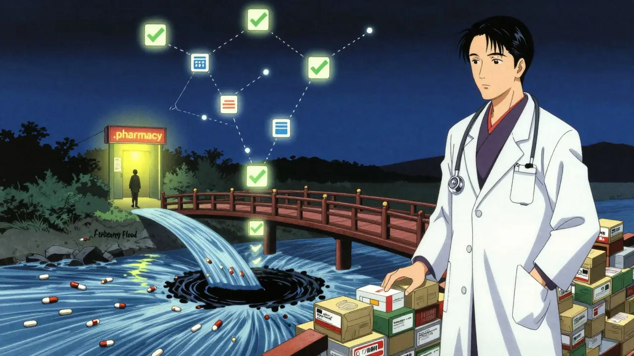 A pharmacist stands on a bridge of medicine boxes as fake pills flow into a dark vortex.